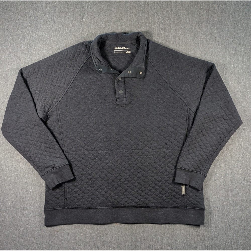 EDDIE BAUER Pullover 1/4 Snap Mock Quilted Black Sz XL Sweater Midweight EUC